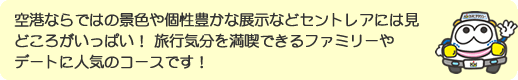 空港ならではの景色や個性豊かな展示などセントレアには見どころがいっぱい！ 旅行気分を満喫できるファミリーやデートに人気のコースです！